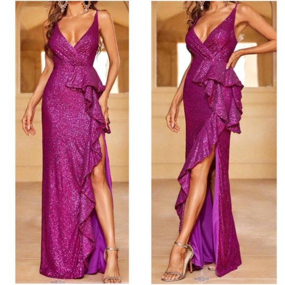 Luxe Sequins Plunging Neck Ruffle Wedding party Formal Dress - Picture 2 of 8